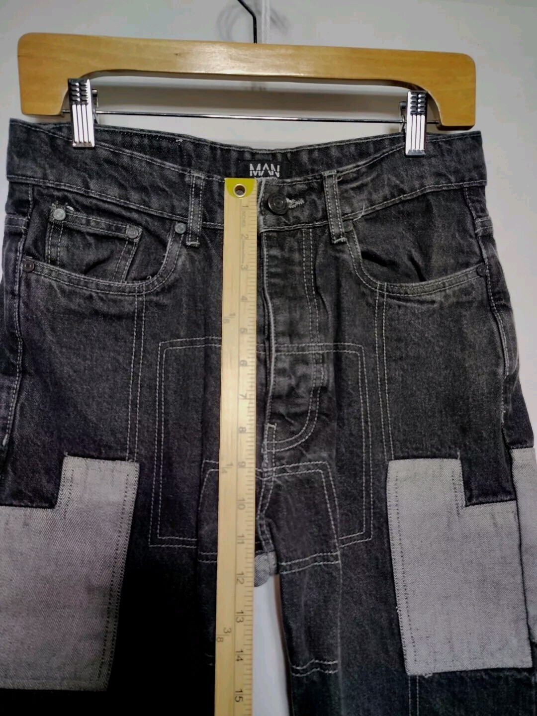 BoohooMan Patchwork Jeans Men’s Size 30×33 Straight Leg Button Fly Black Gray
