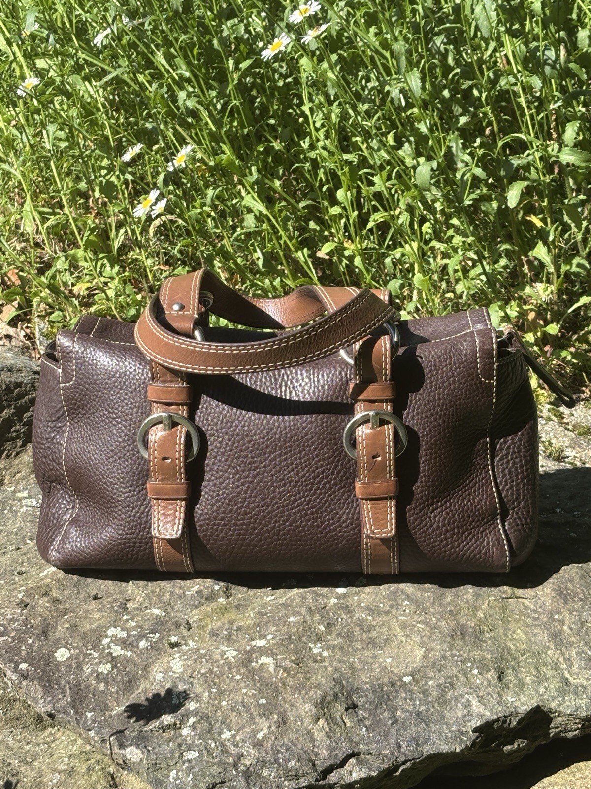 Coach F10887 Cocoa Brown Pebbled Leather Shoulder Tote Bag Purple Lining Hangtag