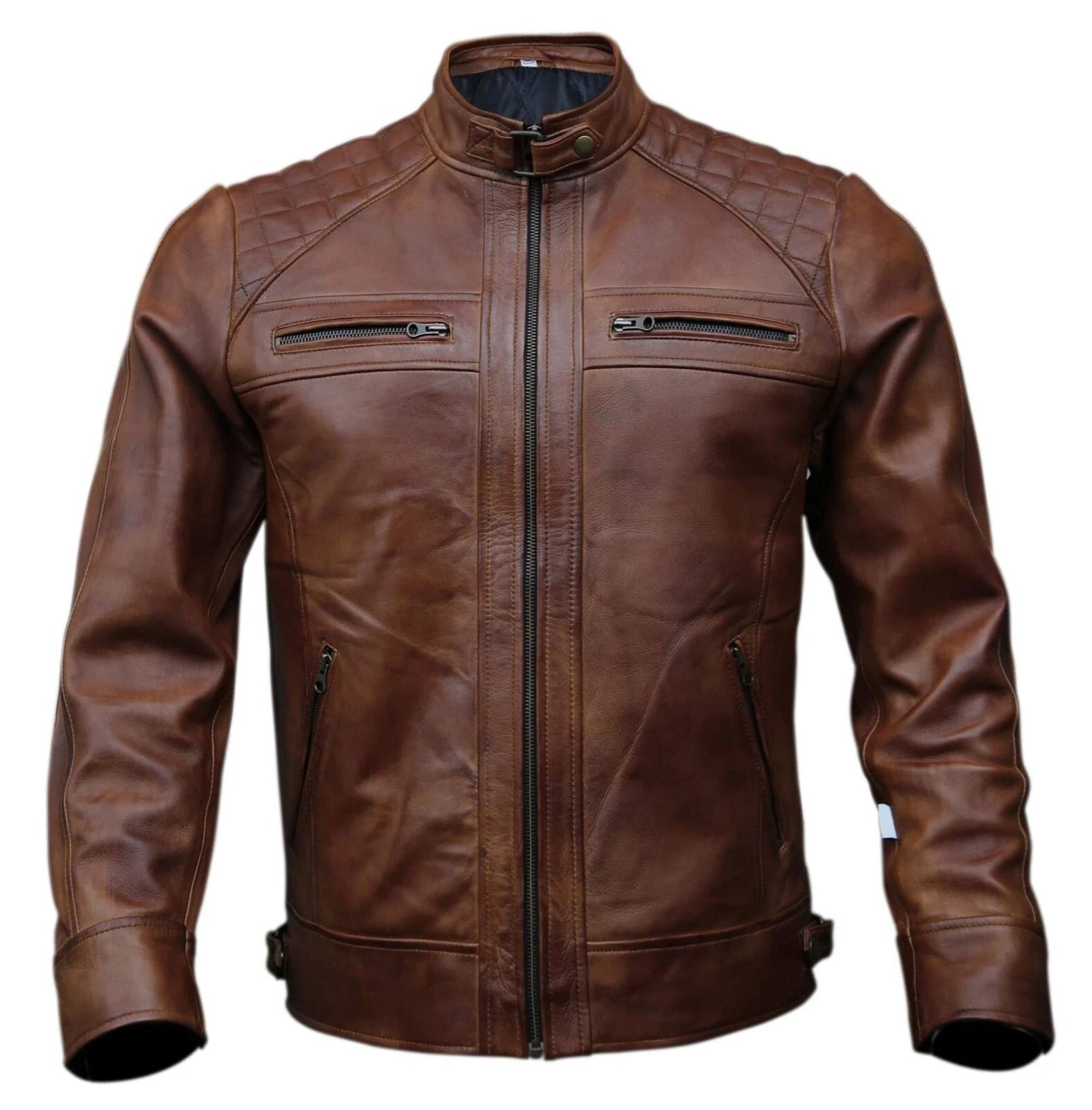Men’s Brown Leather Cafe Racer Style Jacket Quilted Motorcycle Biker Coat