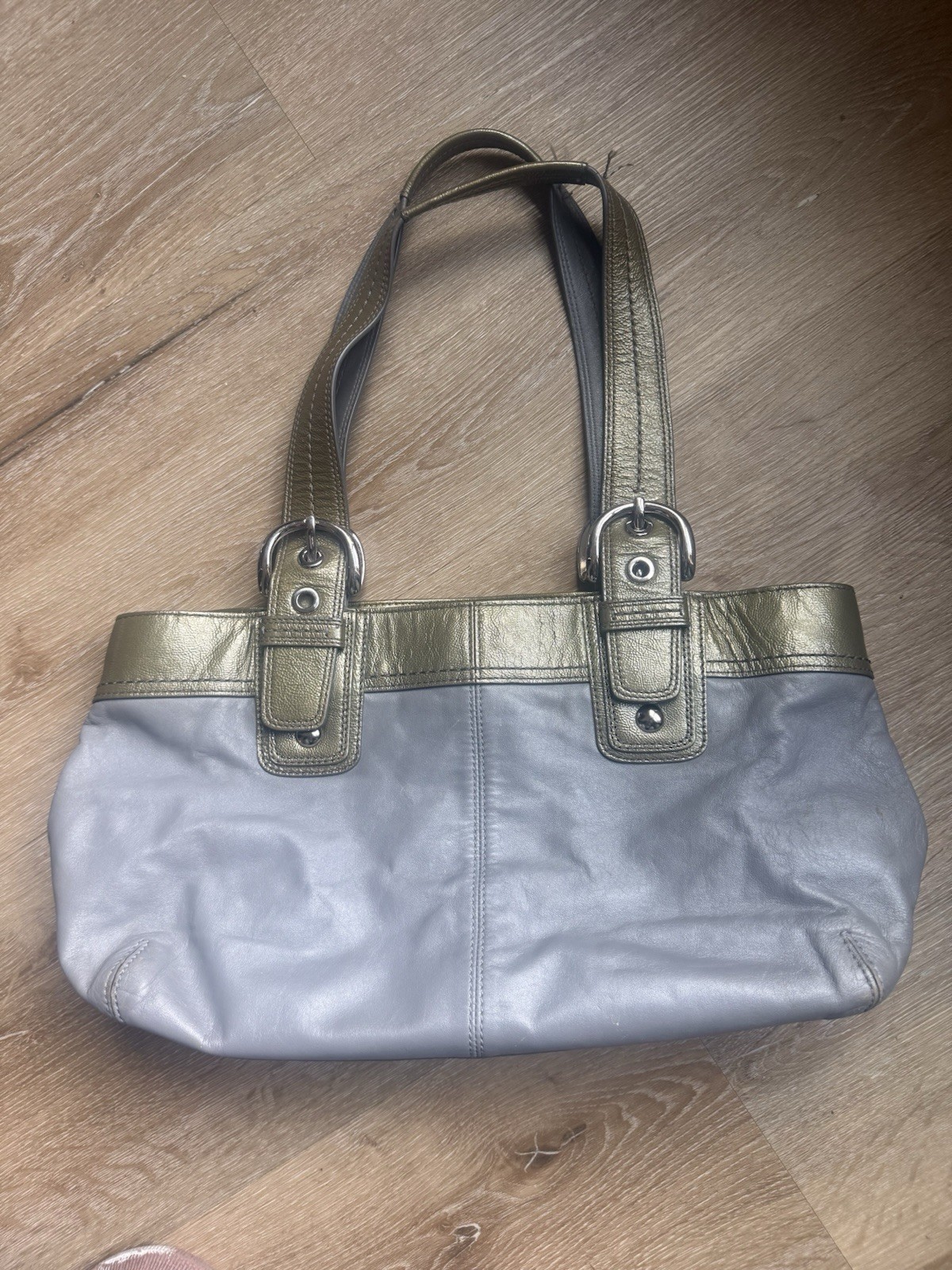 Vintage Coach SoHo Gray/Green Metallic Trim Satchel Top Handle Zip Buckle Studs