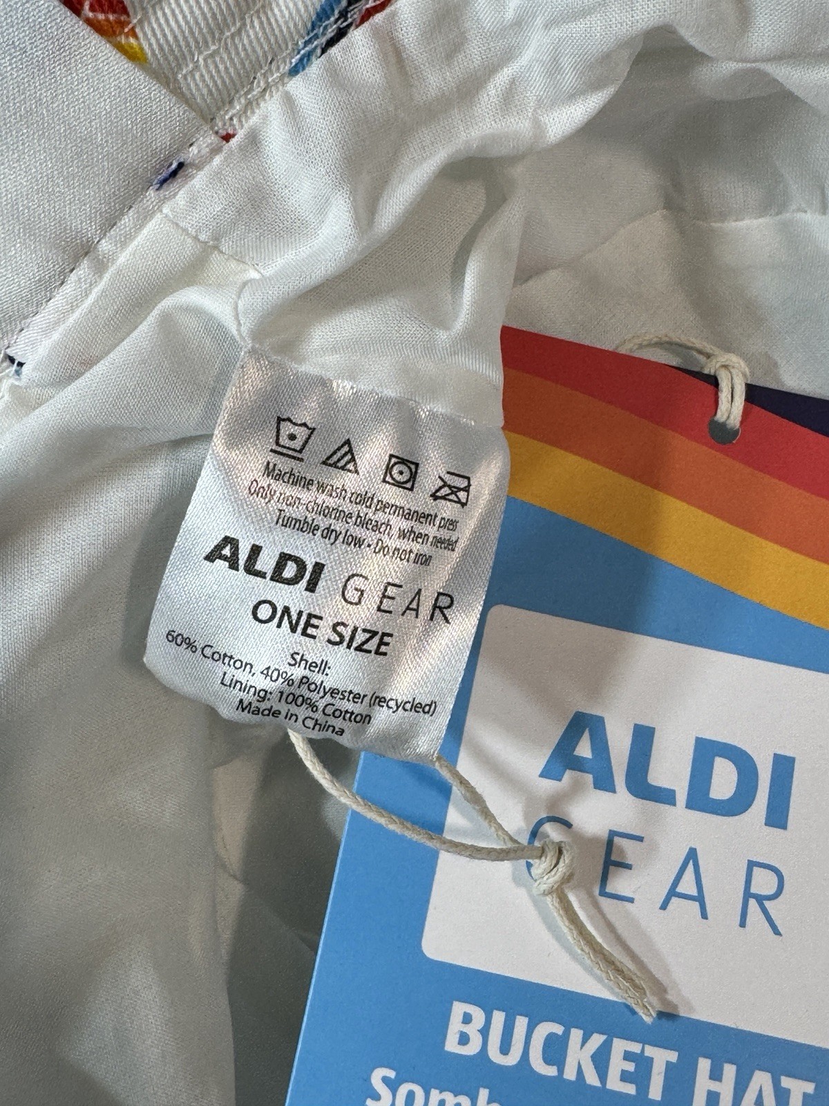 New NWT ALDI Gear White Bucket Hat with Iconic Logo Rainbow Stripes One Size