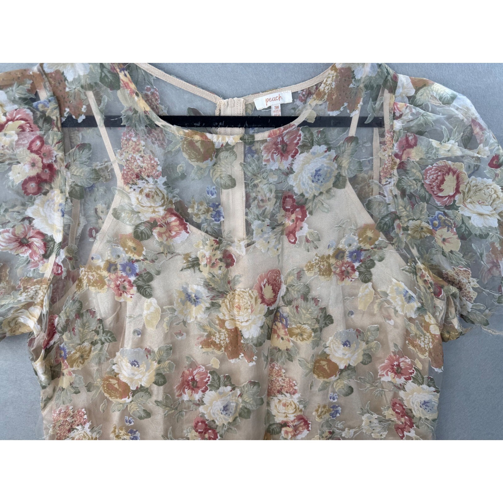 Peach Semi-sheer Floral Top Chiffon Zip Up Multicolored-3X