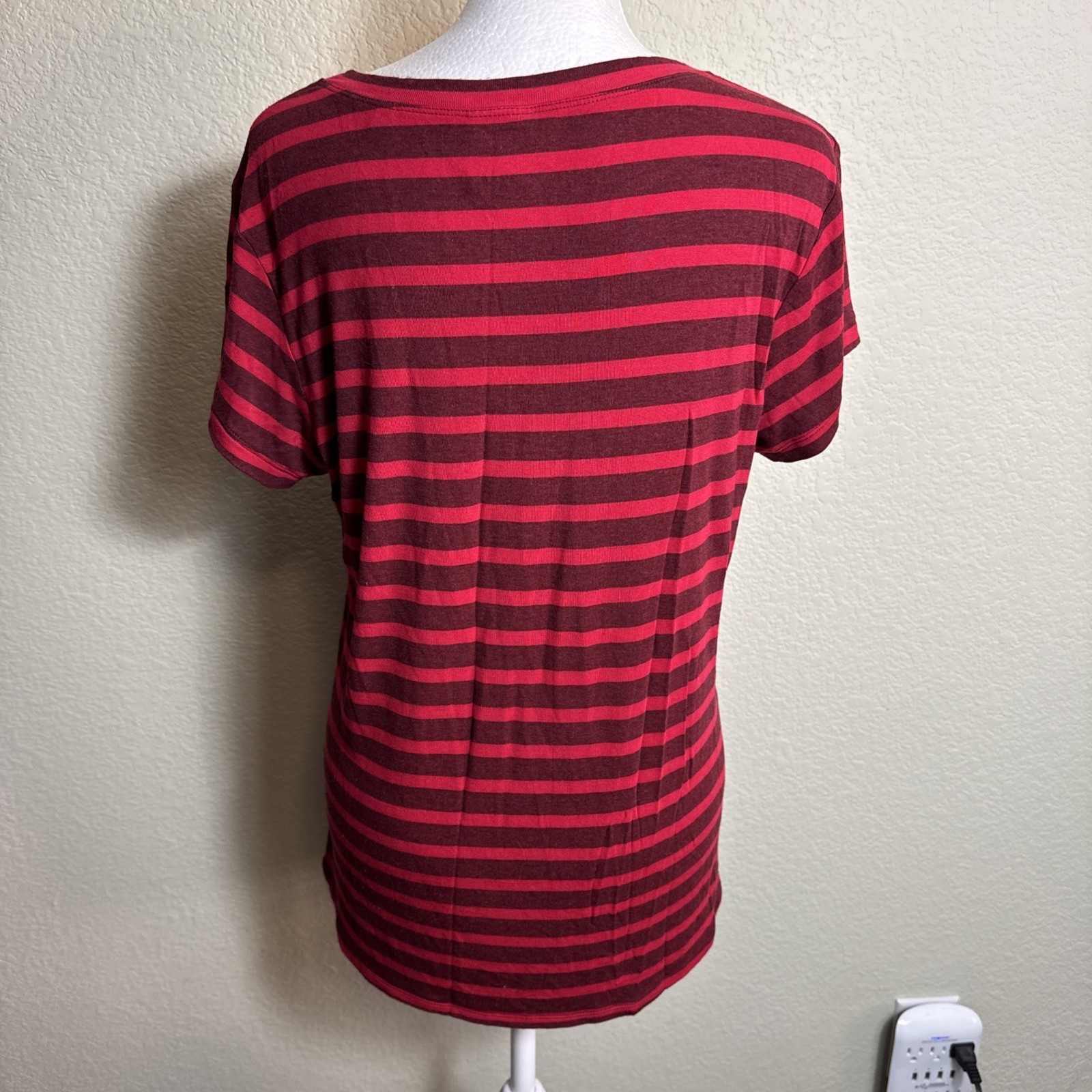 Cabi Sweet Talk Peplum Tee S Red Garnet Striped Ruffle Top 3631