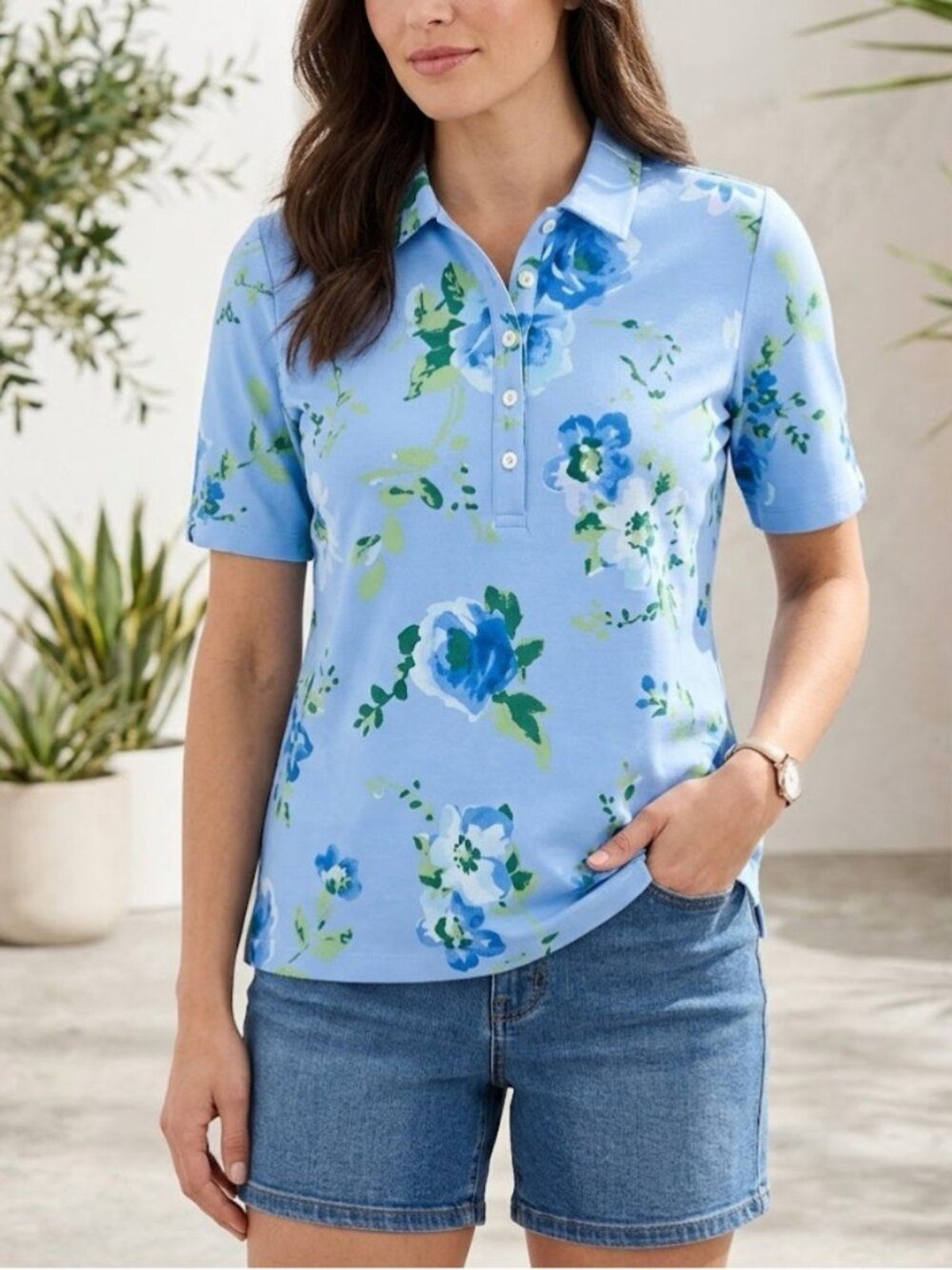 NWT Isaac Mizrahi Live Blue Floral Polo Golf Preppy Short Sleeve Top Shirt