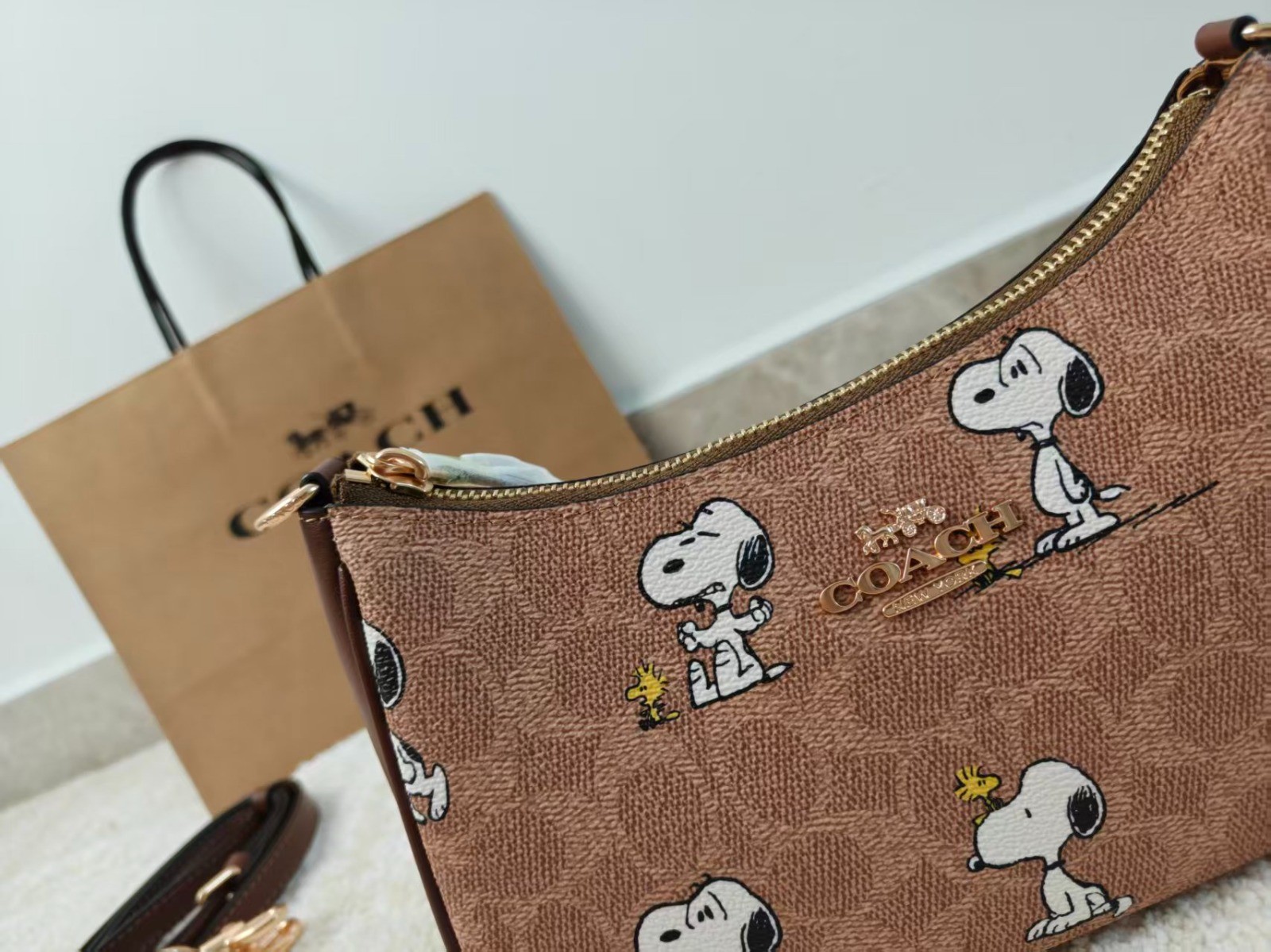 COACH x PEANUTS Teri Shoulder Bag Tan Brown Snoopy Print Signature Canvas CBJ88