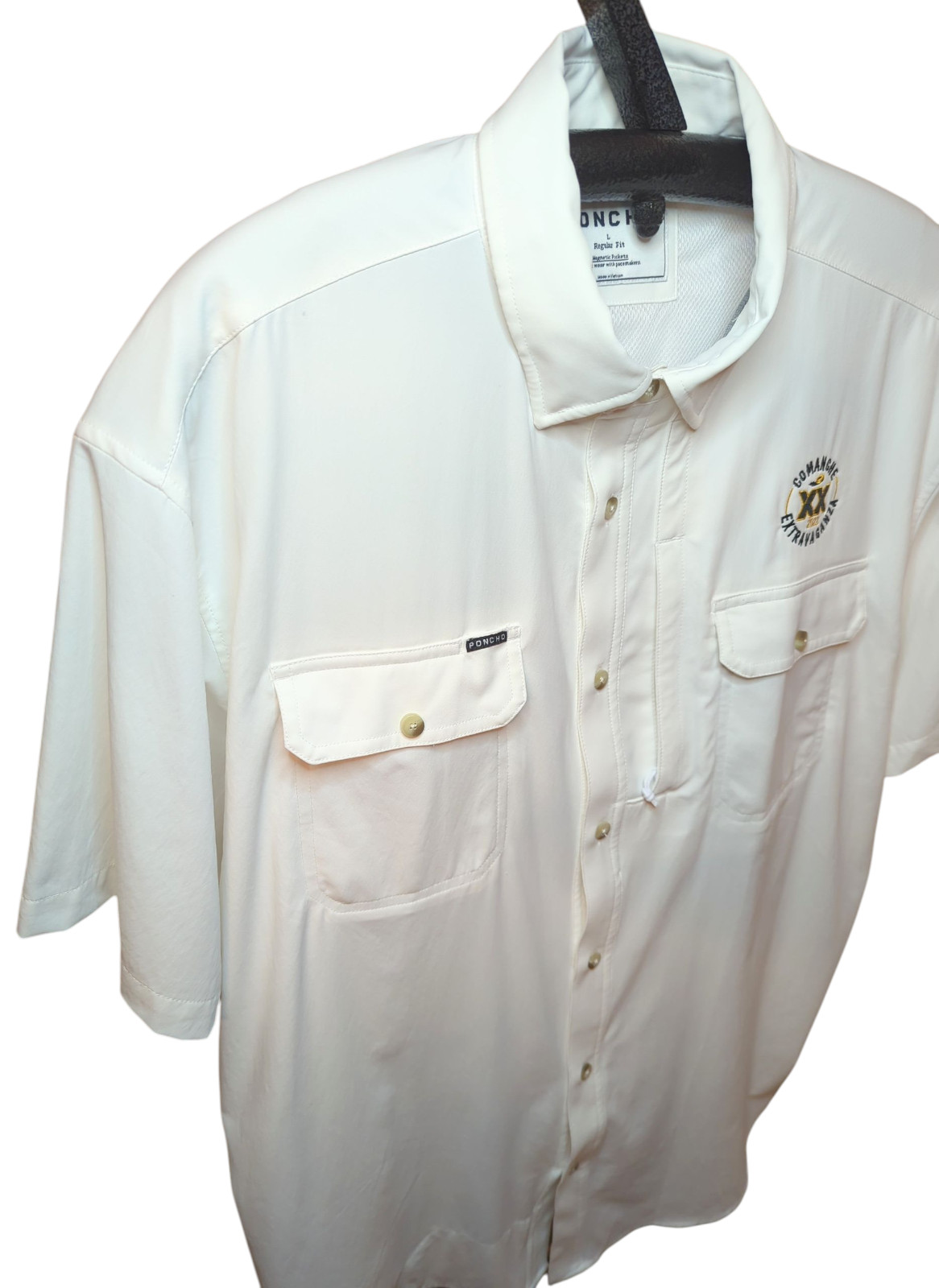 PONCHO Outdoors Vented Button Up Shirt Magnetic Mens LARGE White Comanche Logo