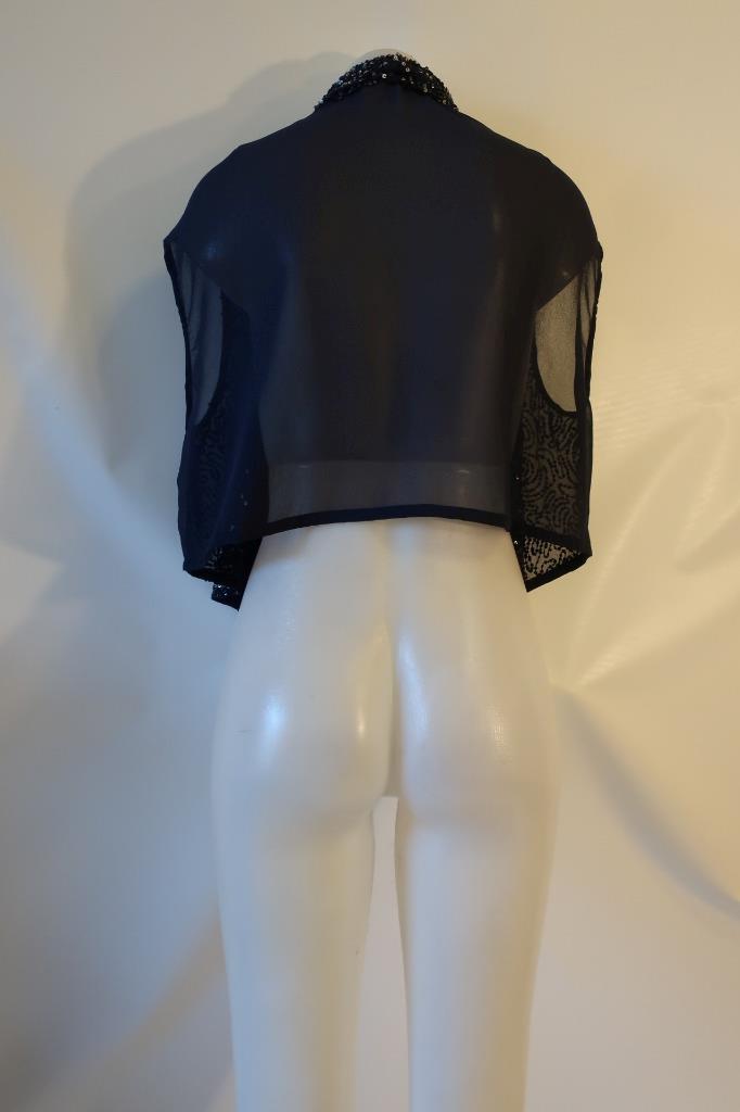 Womens Gold Hawk Blue Sequined Semi-Sheer Open Evening Shrug Jacket Top L *