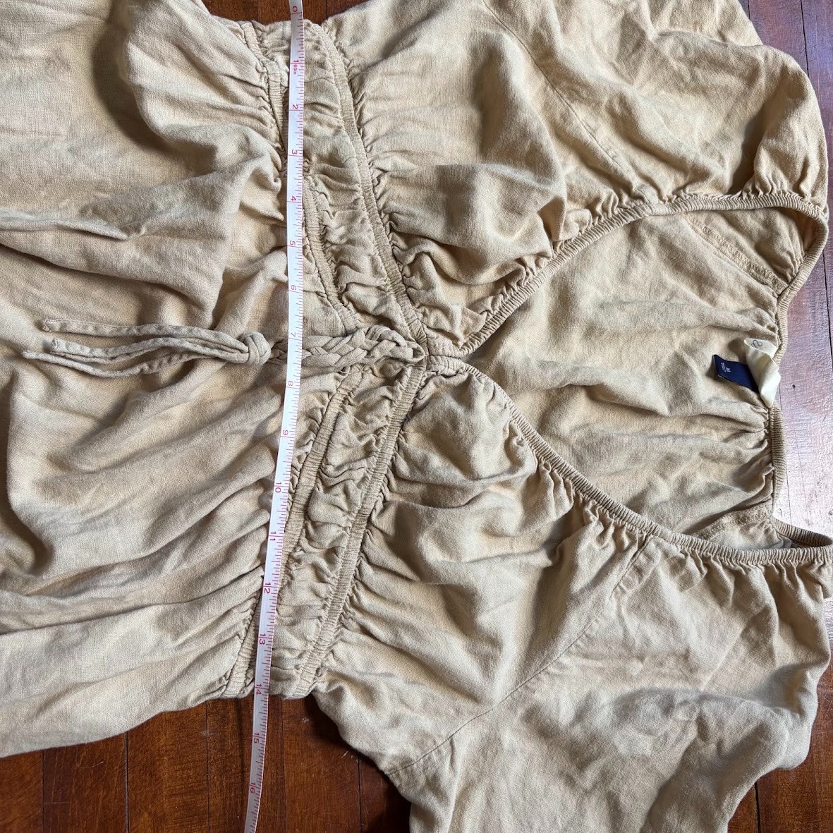 LINEN Blend Boho Cottage Midi Dress Medium M Smocked Beige Khaki Peasant Travel