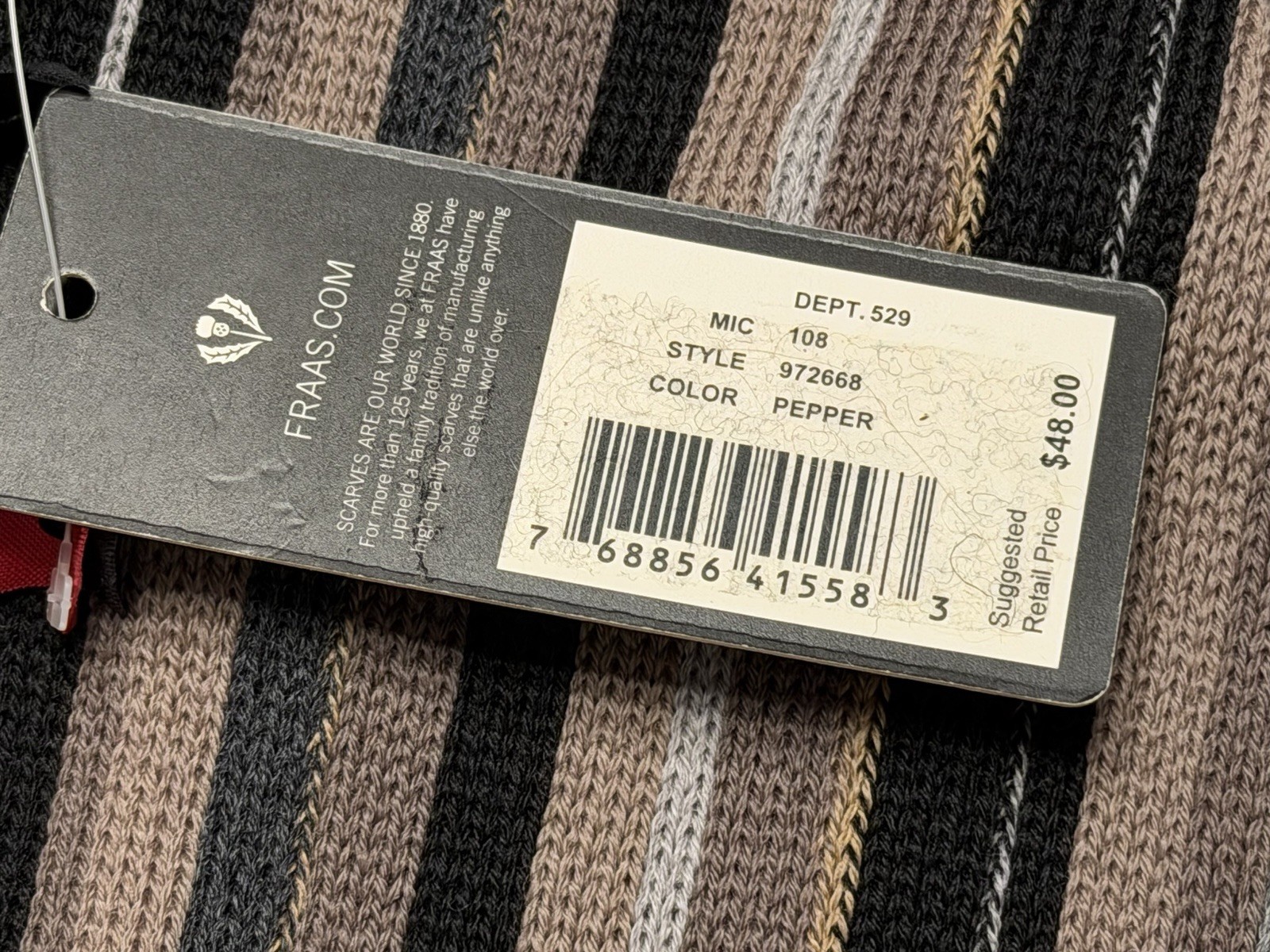 NEW FRAAS 100% Wool Scarf Pepper Black Brown Gray Tan Striped Frills 66” x 10”