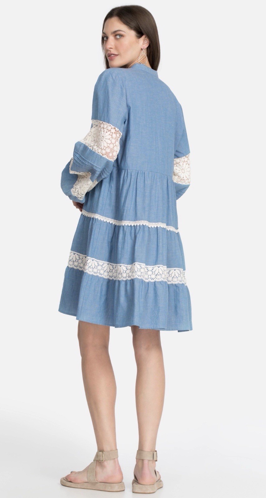 Johnny Was Jade Laguna Pieced Above Knee Cotton Linen Lace Boho Tiered Dress L