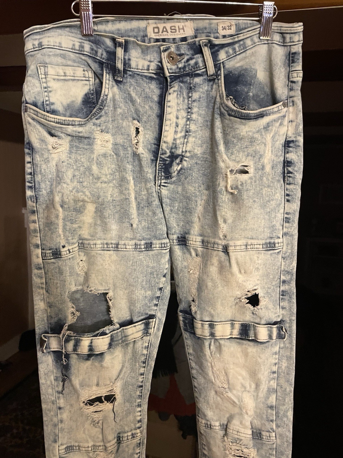 Dash American Light Acid Wash Biker Jeans Distressed Moto Strap Men’s 34×32