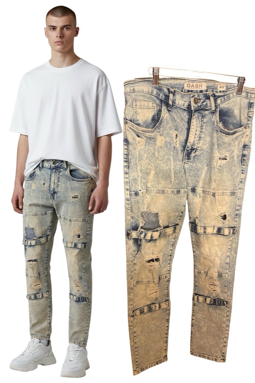 Dash American Light Acid Wash Biker Jeans Distressed Moto Strap Men’s 34×32
