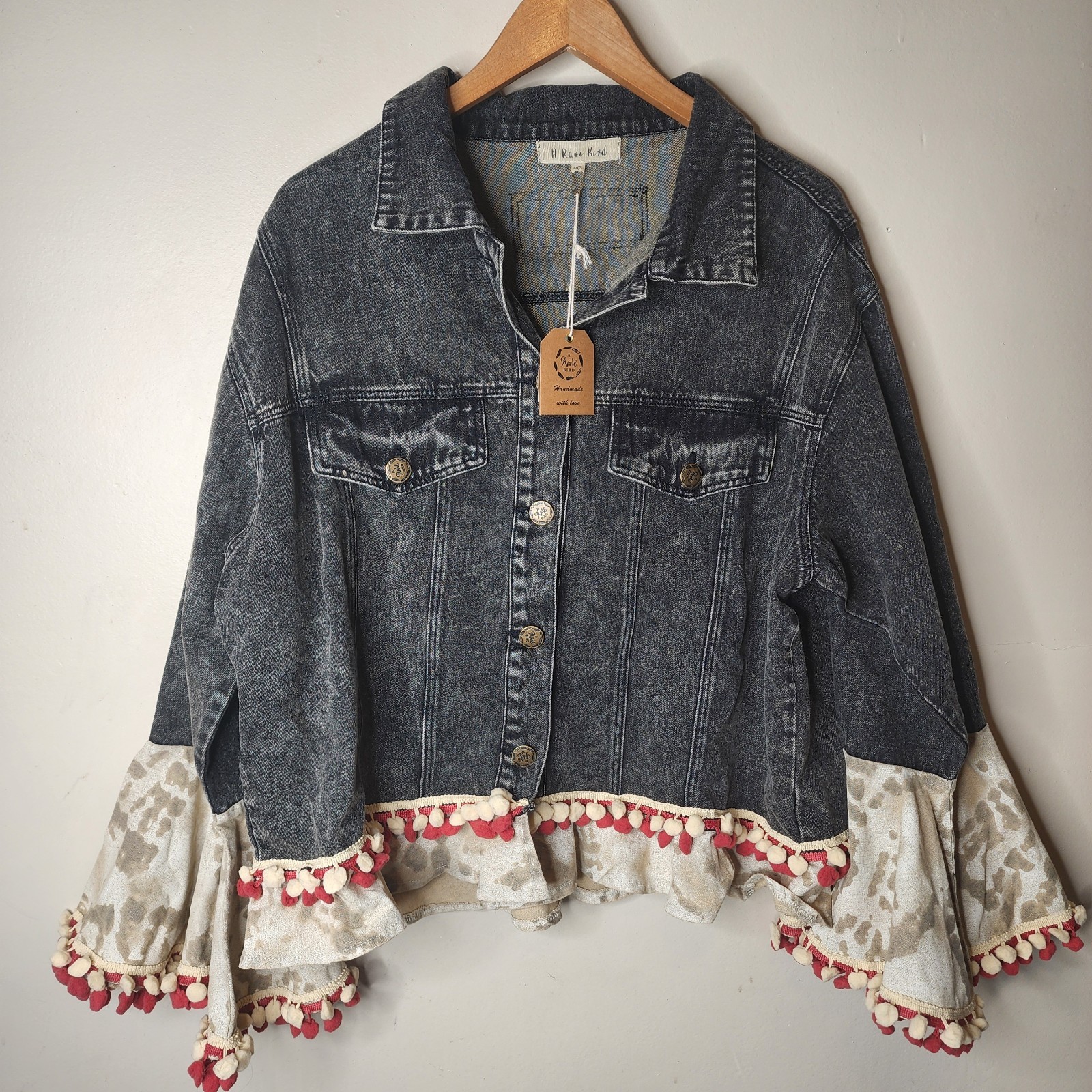 A Rare Bird American Bell Jacket Black Denim Boho Cowgirl Flag Womens NWT