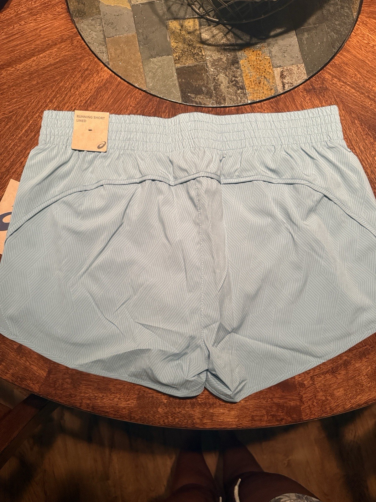 ASICS Women’s Blue Geometric Lined Running Shorts Pockets Drawstring L