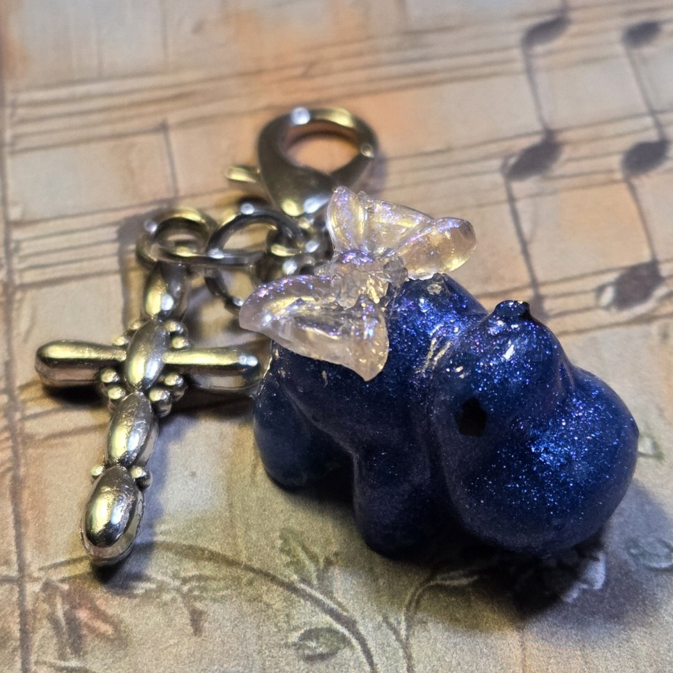 Handmade Blue Glitter Hippo Resin Charm Key Chain w/Cross Pendant, Lobster Clasp