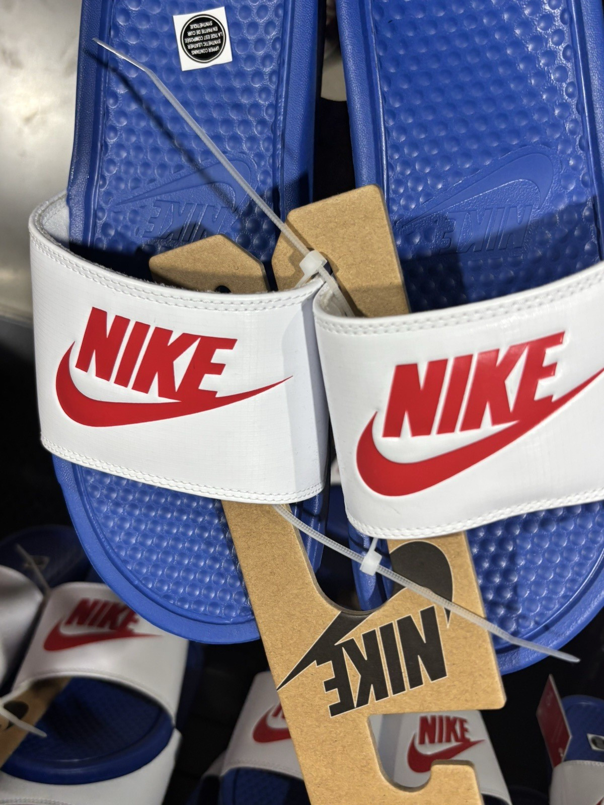 Nike Men’s Slide Sandals Size 10 Blue/White/Red Rubber Logo Slip-On
