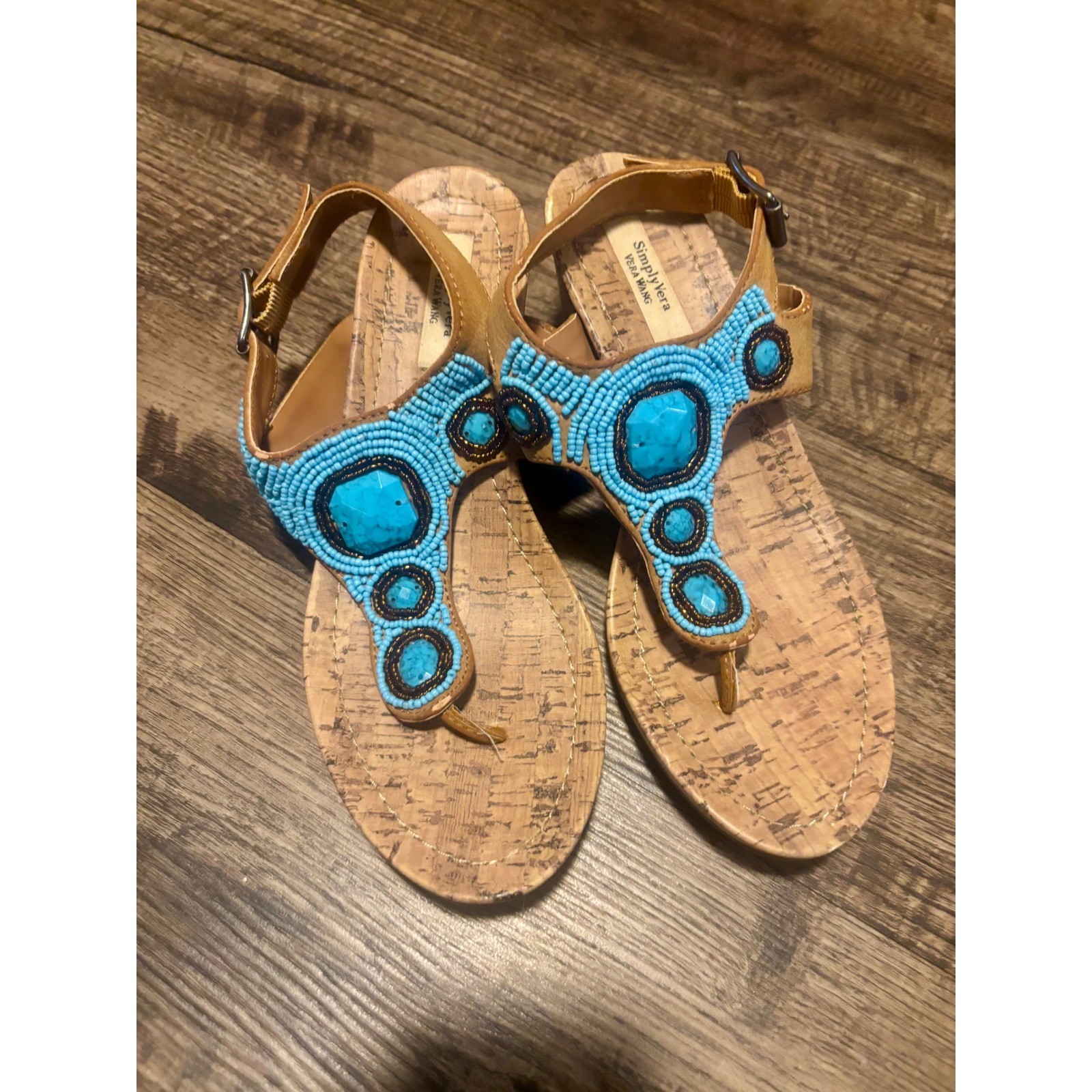 Simply Vera Vera Wang Turquoise Beaded Cork Wedge Sandals Womens Boho Thong Heel