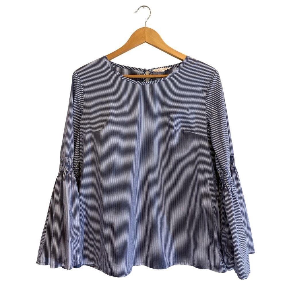 Solitaire Women’s Large Blouse Blue White Stripe Long Bell Sleeve Cotton Blend