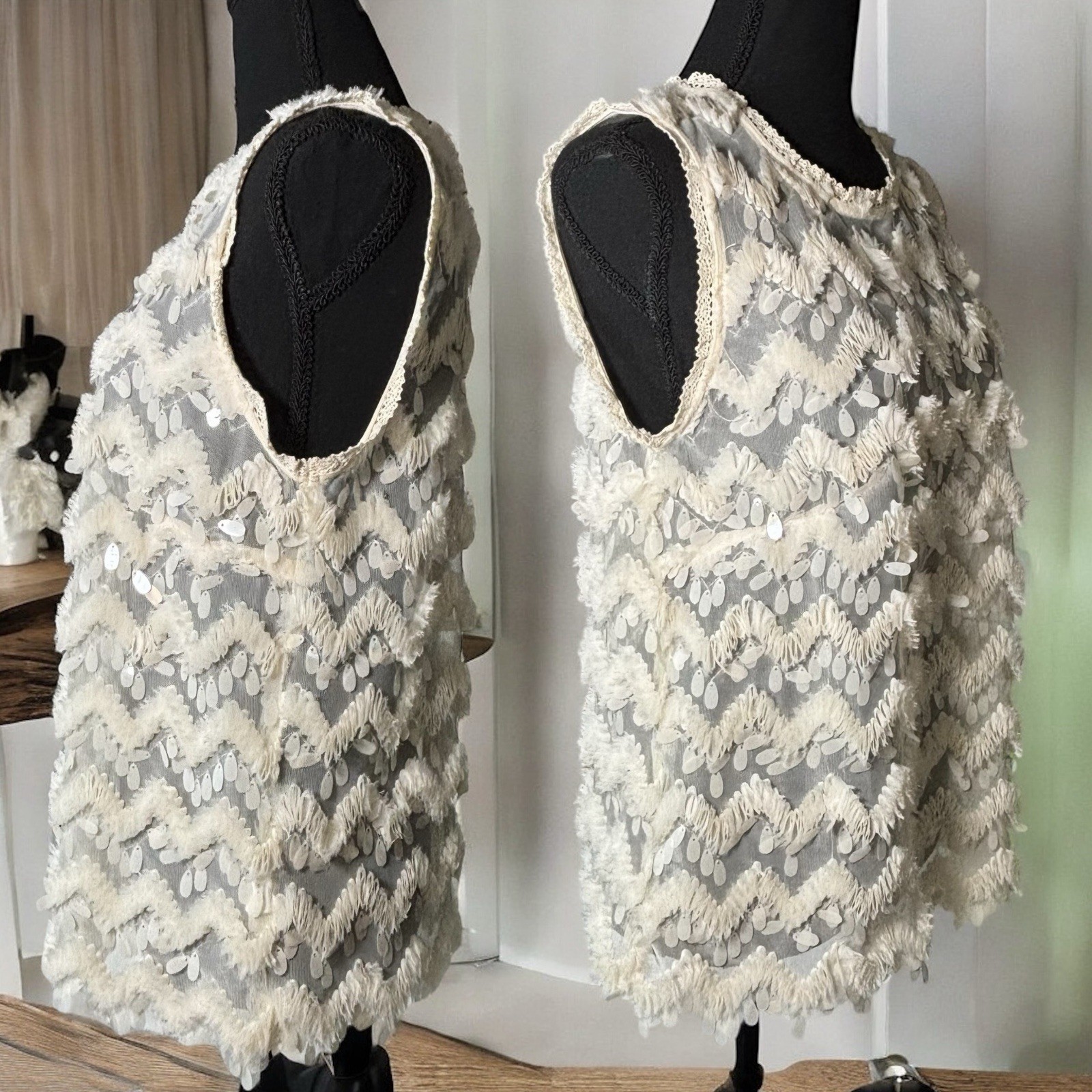 Anthropologie BLUE TASSEL Ivory Semi Sheer Top Sleeveless Embellished Women’s S