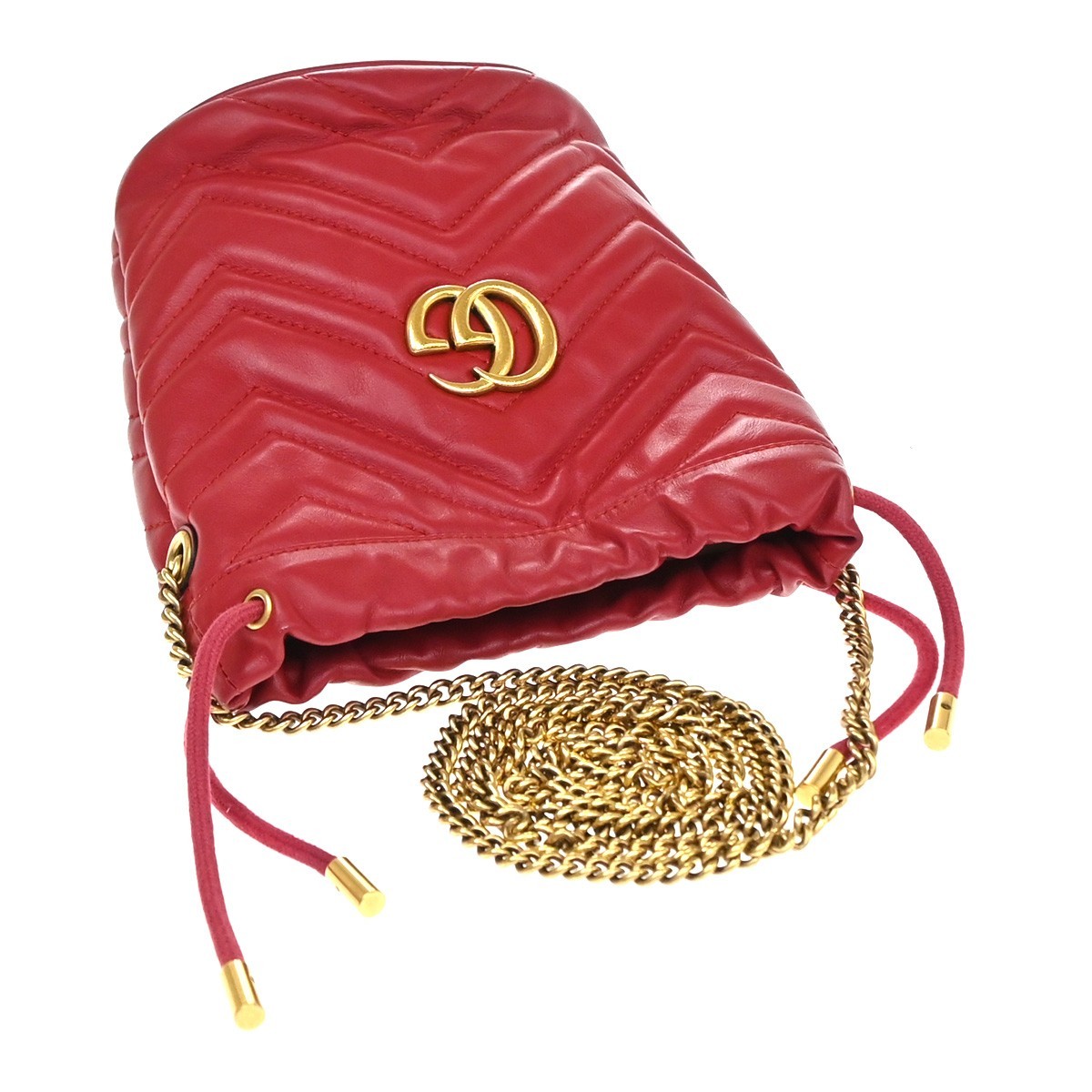 GUCCI GG Marmont Drawstring Chain Crossbody Shoulder Bag Leather Red GHW 84TA683
