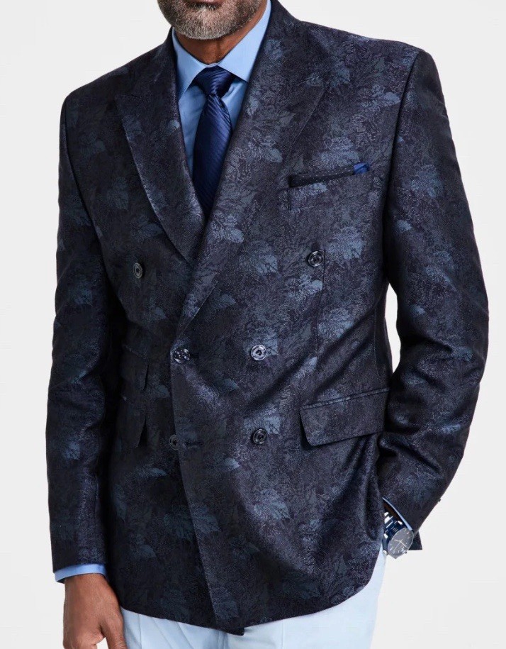 Tayion Double Breasted Blue Black Classic Fit Jacquard Dinner Jacket 46R New NWT