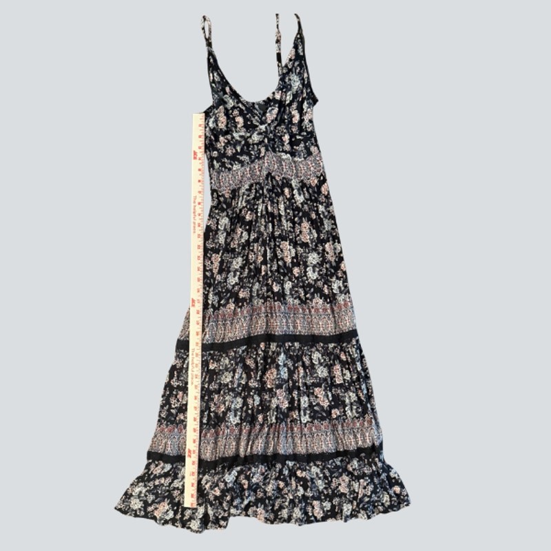 Angie Black Floral Tiered Boho Maxi Dress Spaghetti Strap 100% Rayon Size M