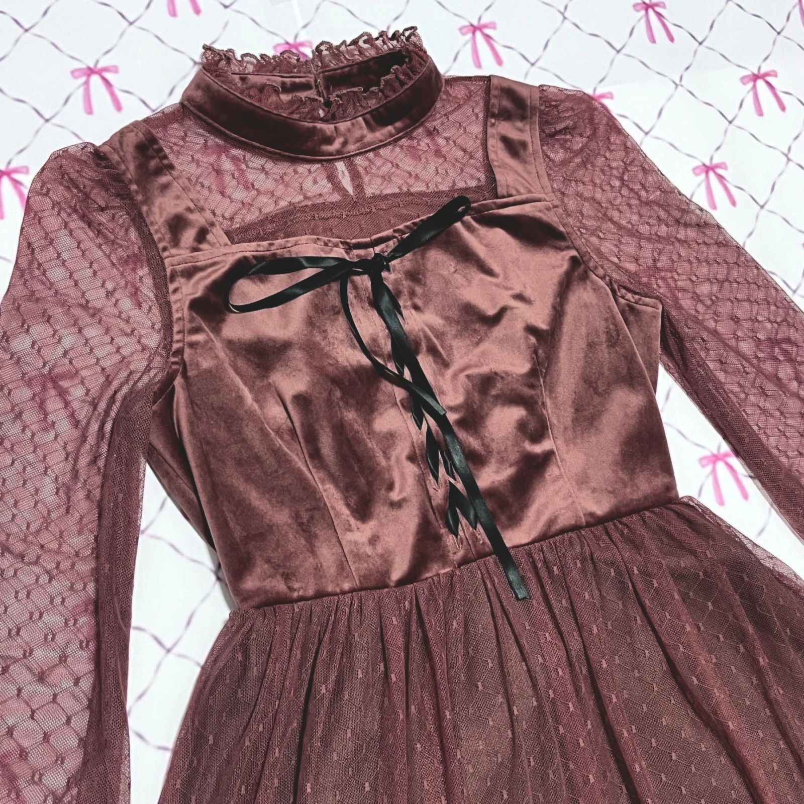 Velour Lace Long Dress Red M Elegant Kawaii Jashion Party Feminin