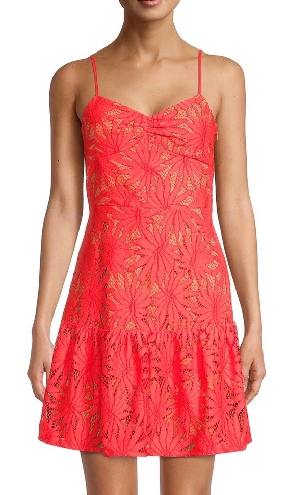 Michael Kors Red Floral Lace Sweetheart A-Line Dress Spaghetti Straps Size 6