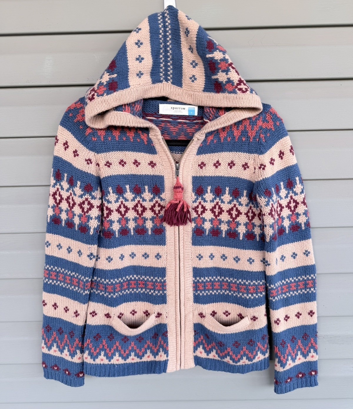 Anthropologie Sparrow Wool Blend Hooded Sweater Small Boho Fair Isle Zip Tassel