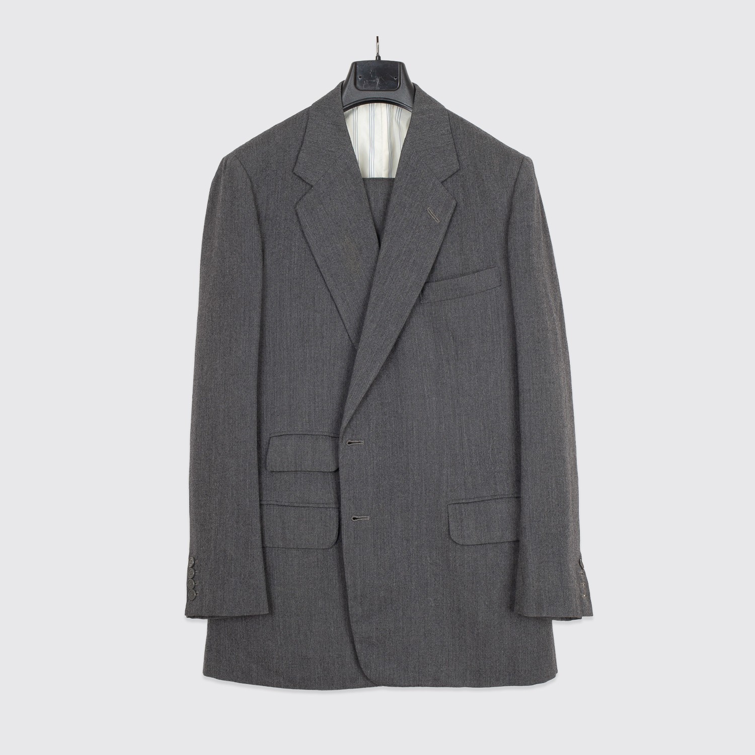Anderson & Sheppard Suit Size 44L Gray Herringbone Wool Vintage Made in England