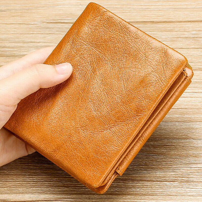 Cowhide Leather Mens Trifold Wallet RFID Blocking Card Holder Zipper Coin Purse