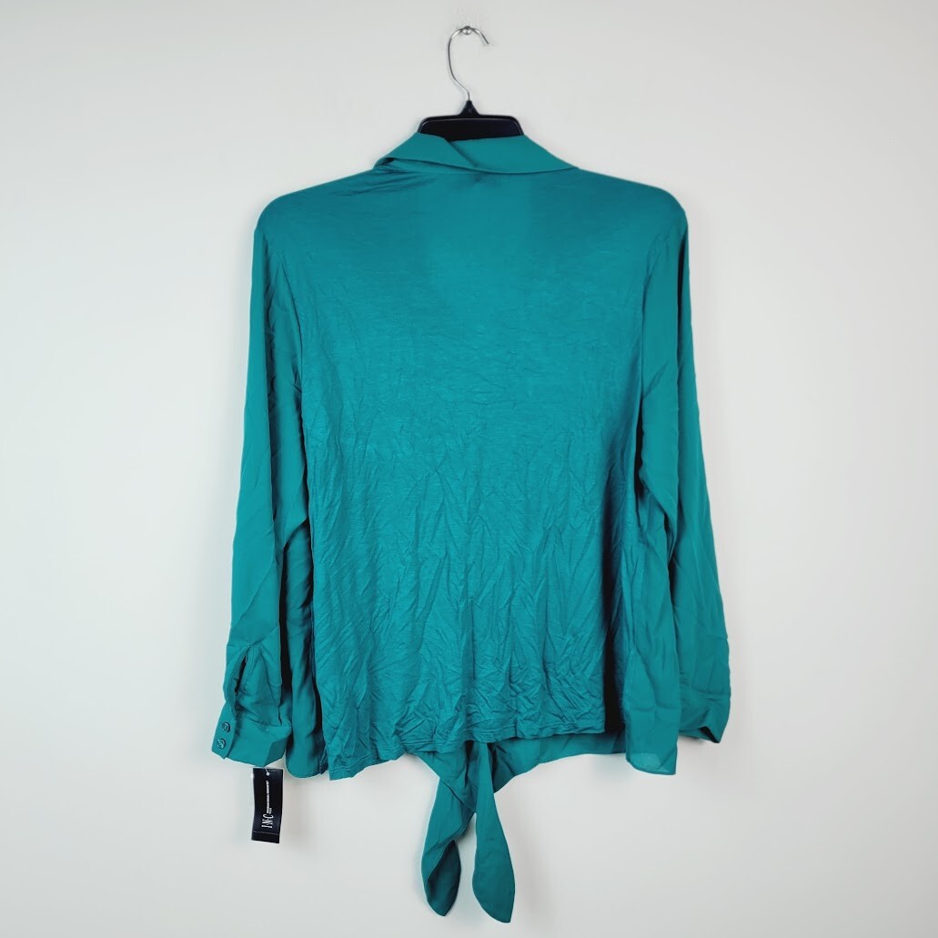 INC Womens Plus 2X Green Tie Front Button Up Pocket Blouse Top Retagged AB53