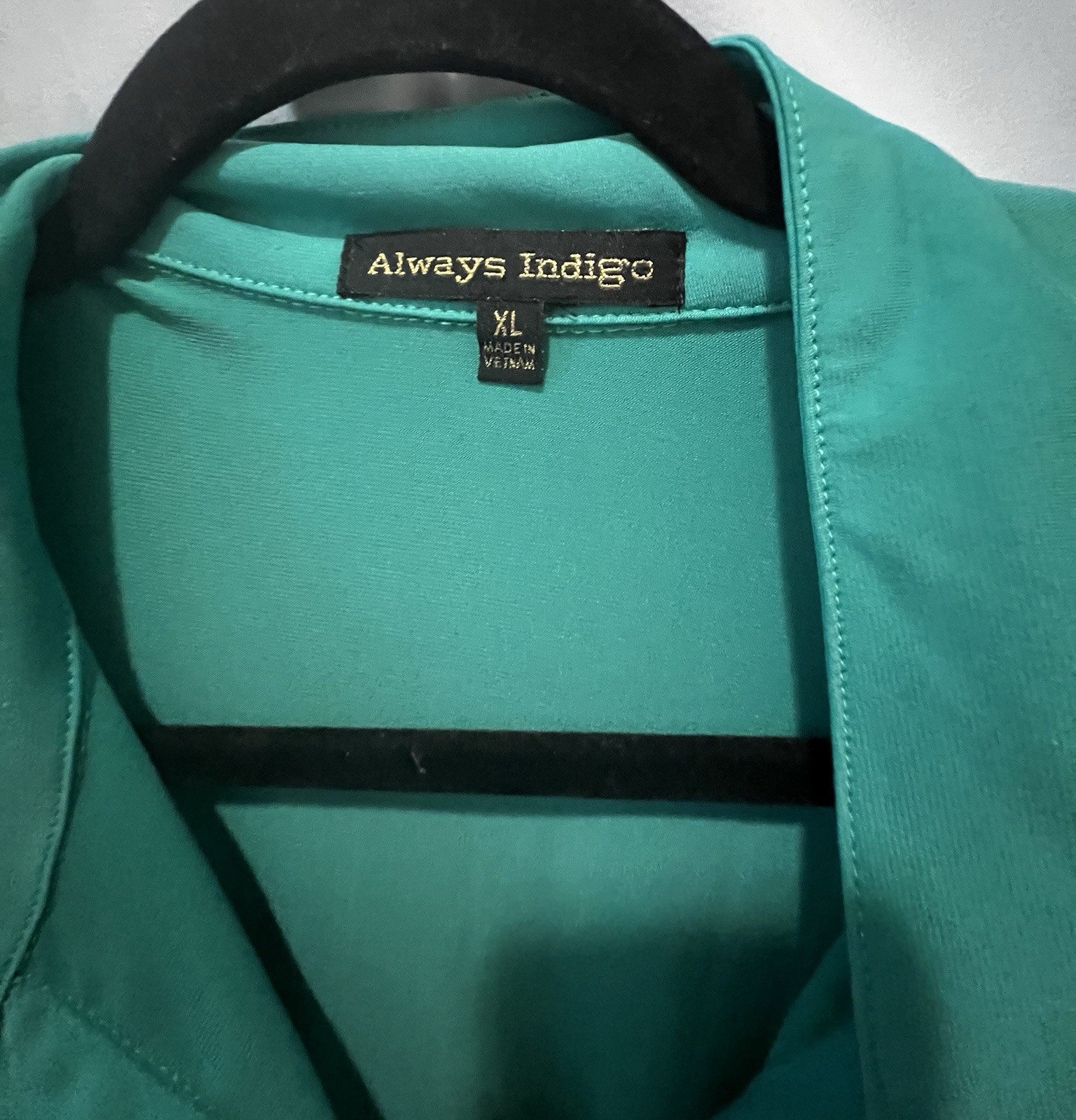 Always Indigo Women’s Green Solid Collared Pullover Blouse, XL Roll Tab Sleeve