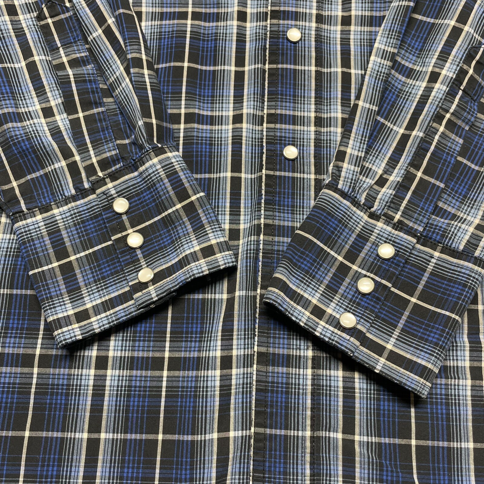 Vintage 90s Wrangler Plaid Button Up Shirt Mens Large Blue White Western Hipster