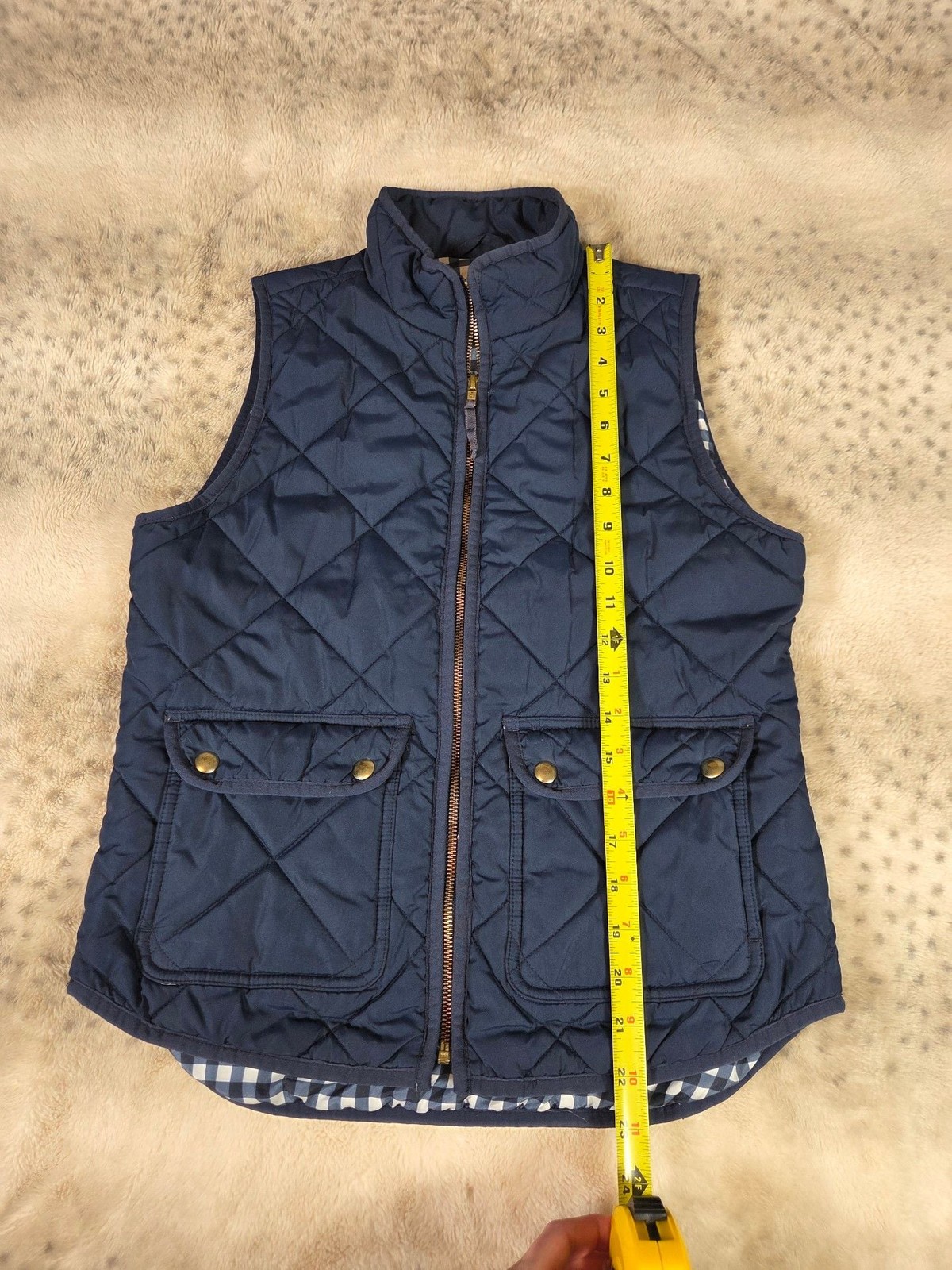 J.Crew Navy Blue Quilted Excursion Vest with Gingham Lining Size XS