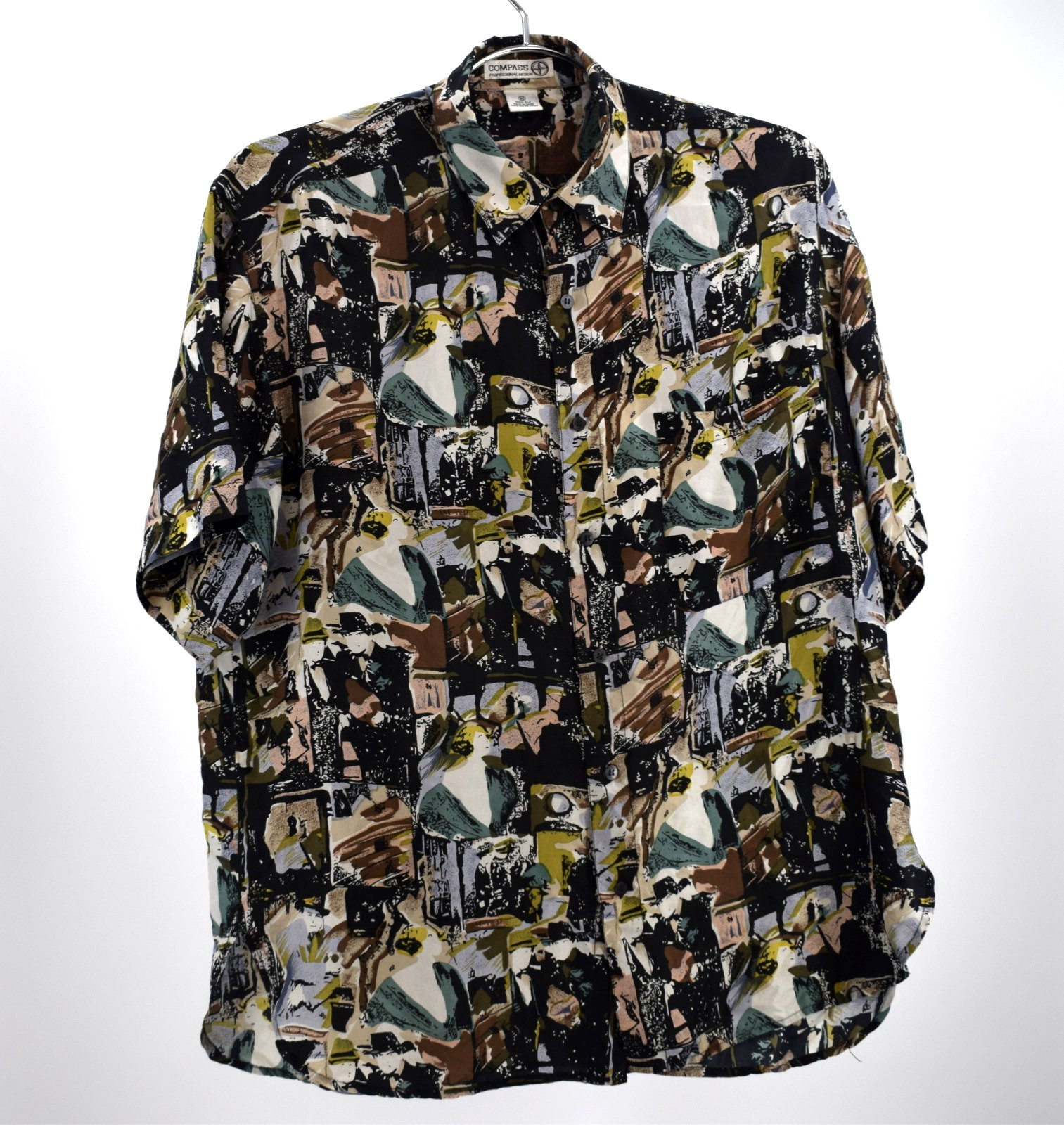Compass 100% Silk Shirt Mens Medium Abstract Print Hawaiian Camp Shirt