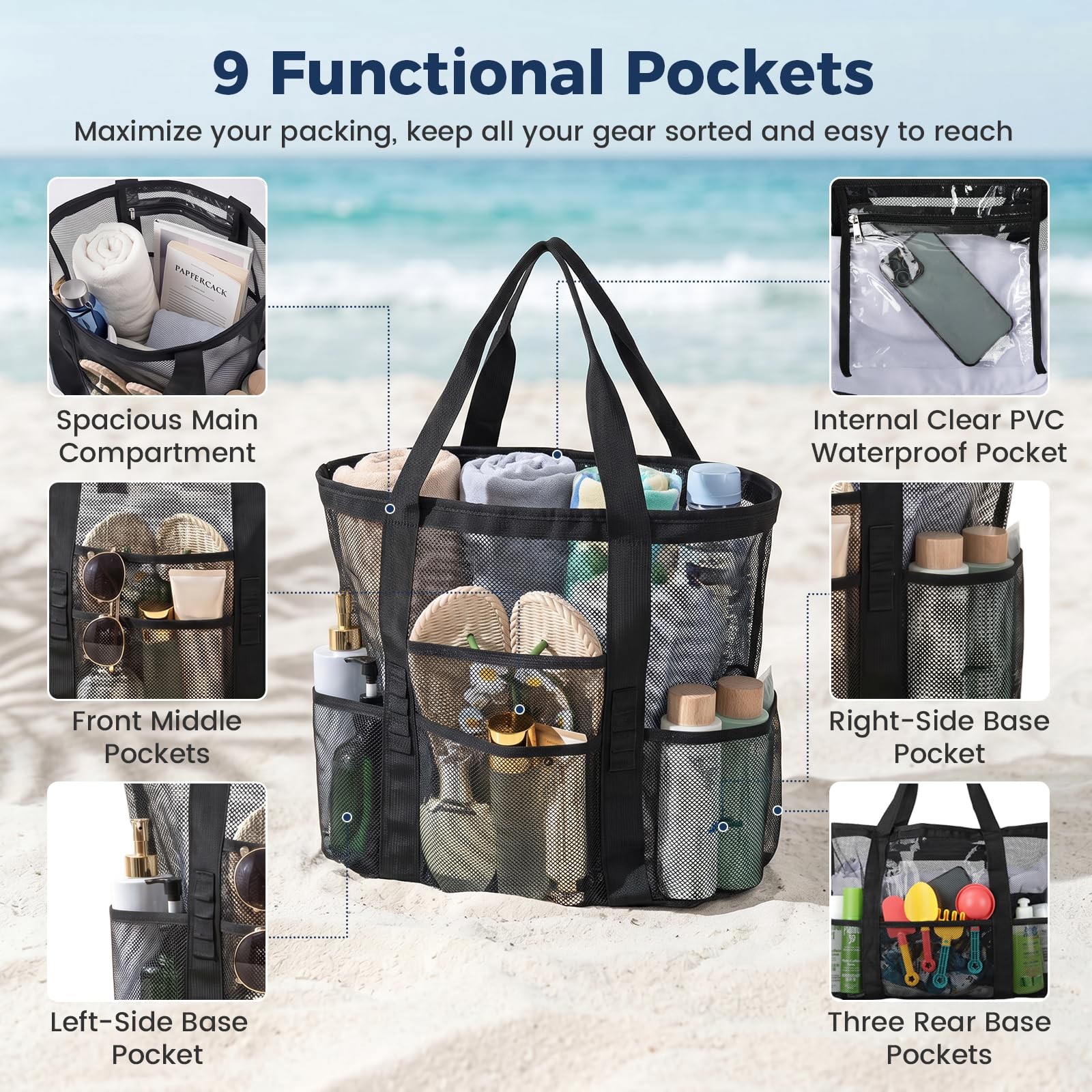 Mesh Beach Bag for Women, Large Beach Toy Pool Bag with Waterproof PVC Pocket…