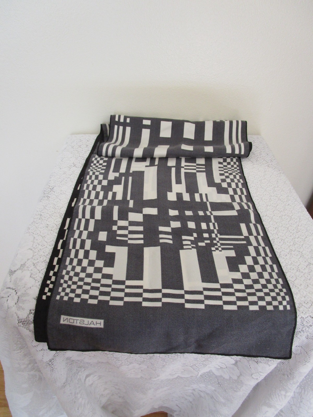 Halston Silk Scarf Black White Rectangle Signed 56” long 10.25” Wide XLNT