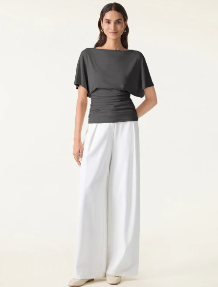OGL Sandwashed Effortless Boatneck Batwing Sleeve Side Ruched Top, Shadow