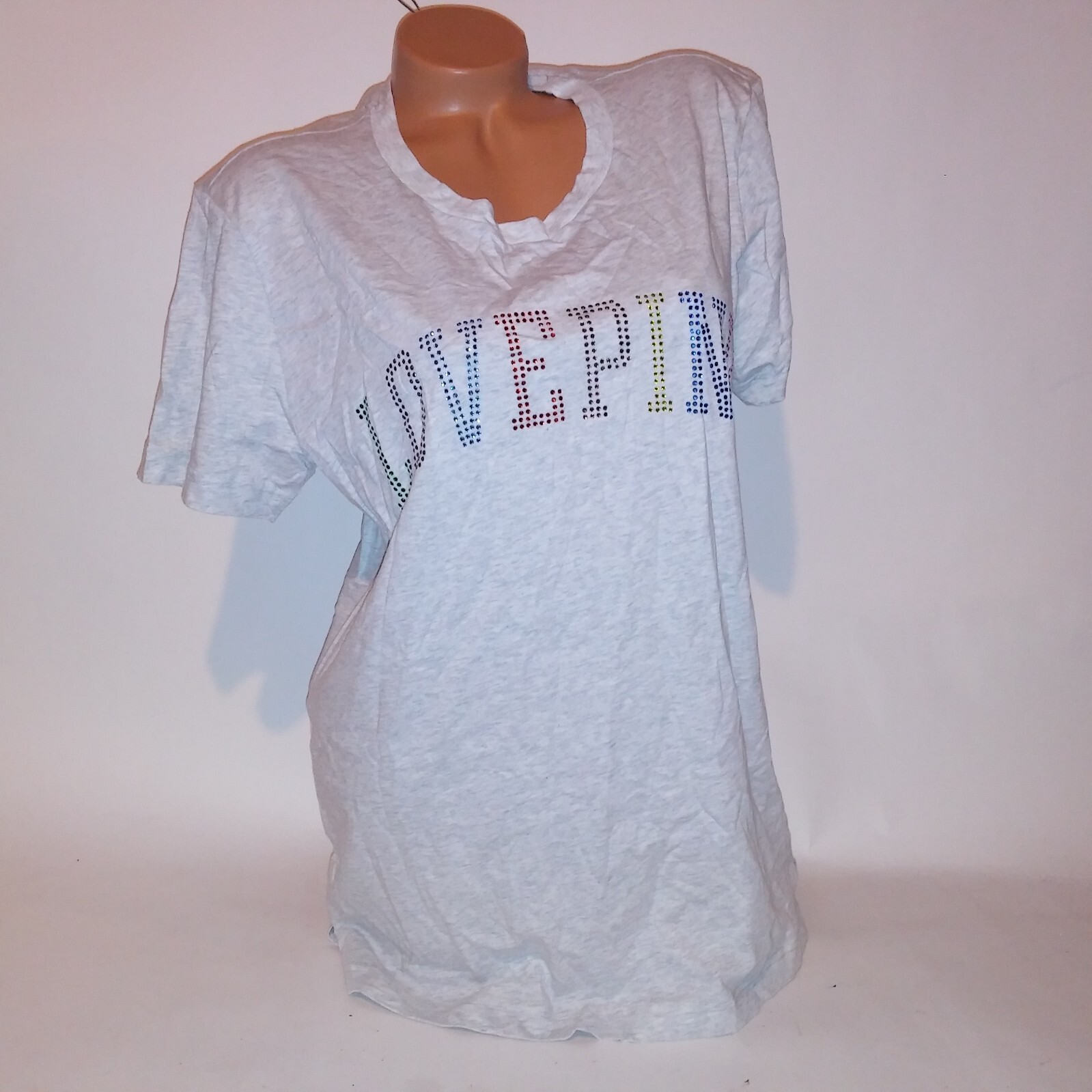 Victoria Secret PINK T Shirt Medium Gray Rhinestone Bling Studded Logo New