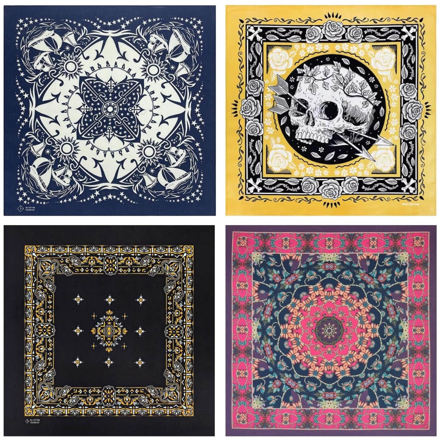Bycc Bynn 4-Pack 100% Cotton Bandana Set, Vintage Graphic Print, 22×22 inches
