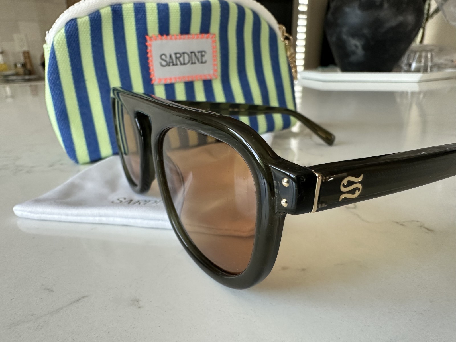 Sardine Stevie Aviator Sunglasses Amber Dip Green Acetate New Cabana Case UV