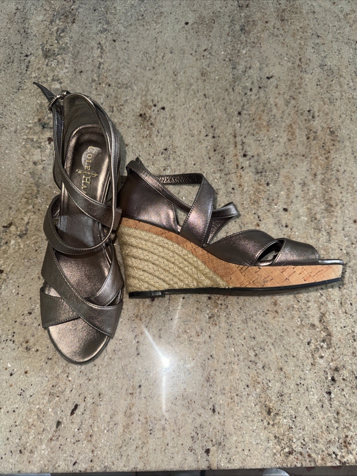 $198 Cole Haan Air MARISA Wedge Straps Sandal Heel Pewter 7