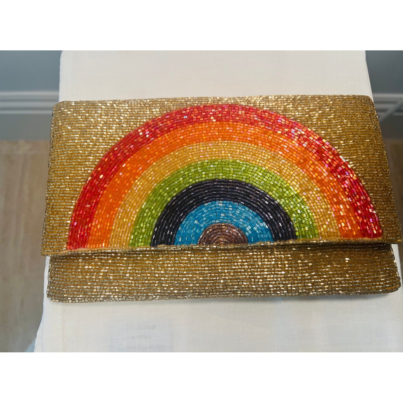 Meredith Hope Gold Beaded Rainbow Clutch Evening Bag With Chain Strap