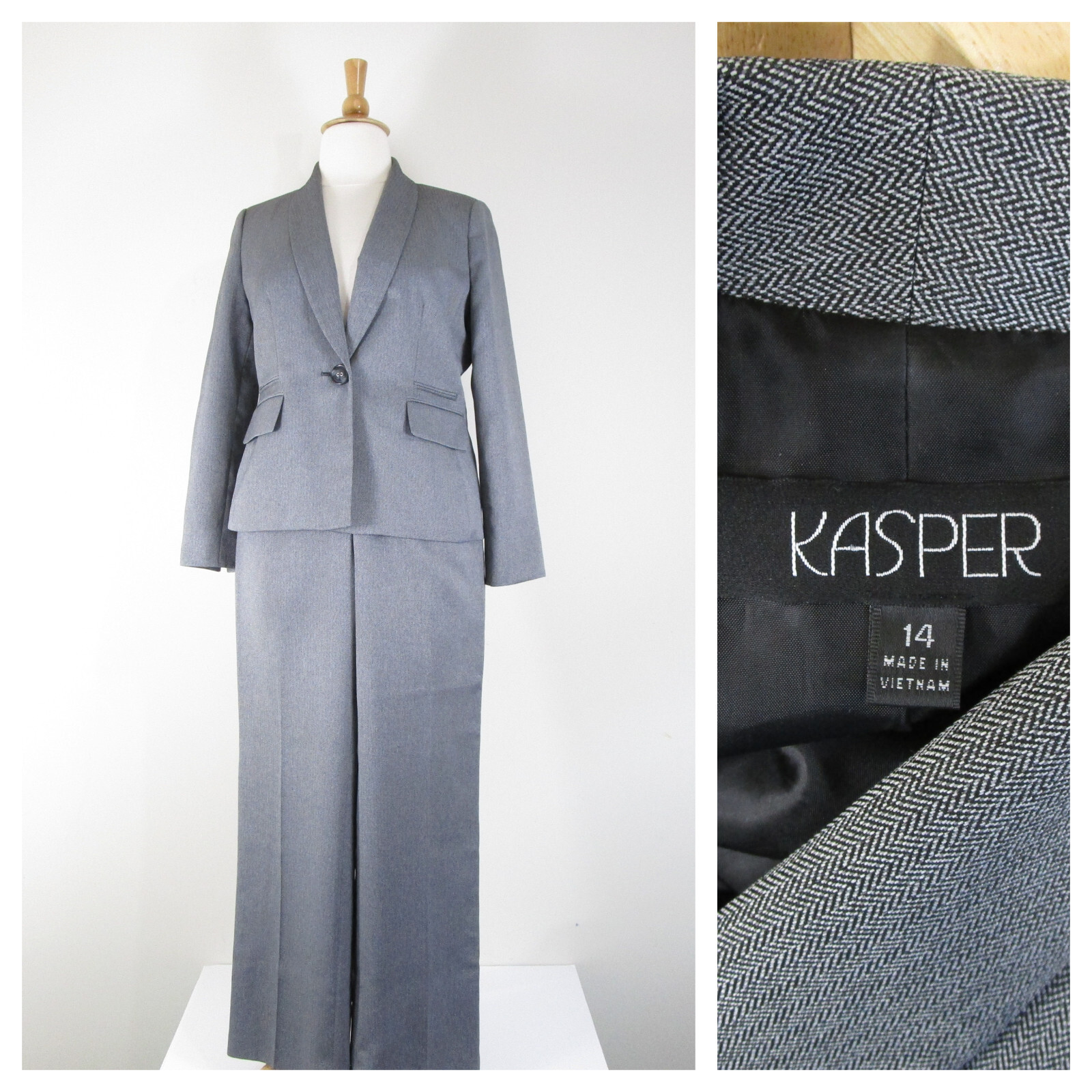 Kasper Womens Plus Size Solid Gray Pant Suit Size 14 Formal Business Career