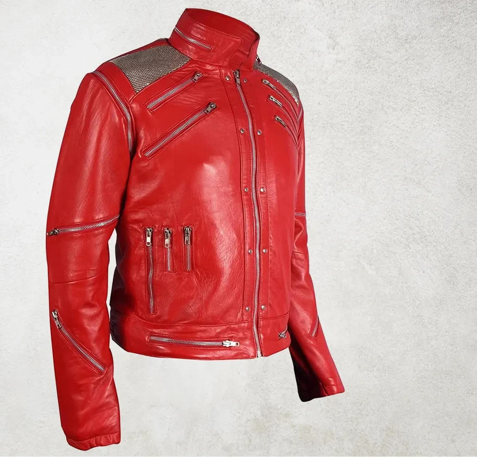 BEAT IT Michael Jackson THRILLER RED Sheep Leather Jacket Detachable Sleeves