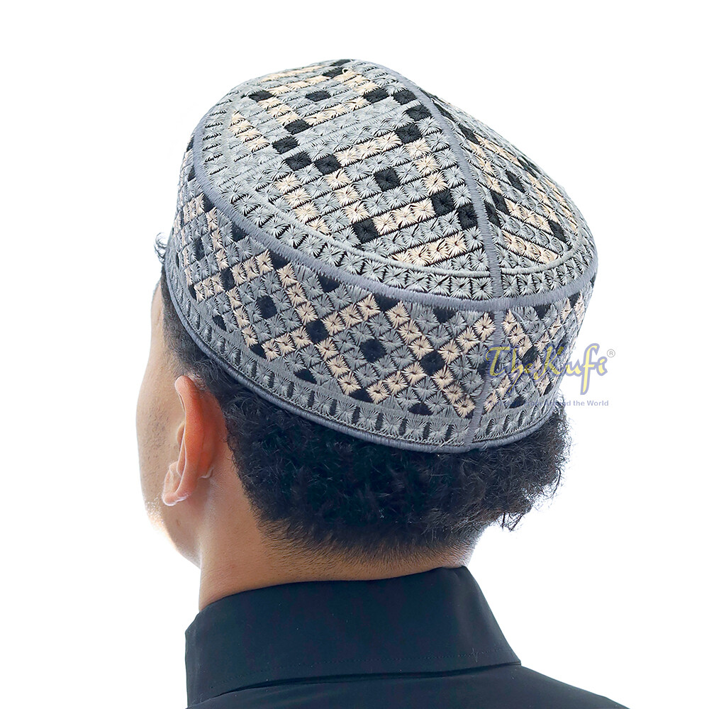 White Gray and Brown Embroidered Diamond Design Semi-rigid Pakistani-style Kufi