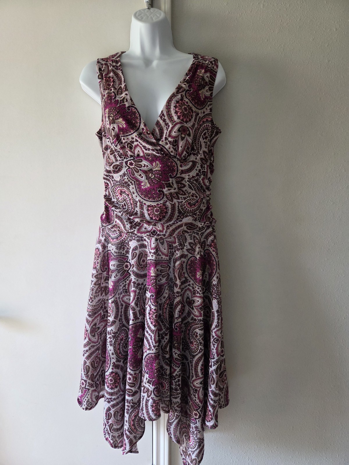 Ronni Nicole Purple Paisley Knit Stretch A-Line Dress | 8 | V-Neck Sleeveless