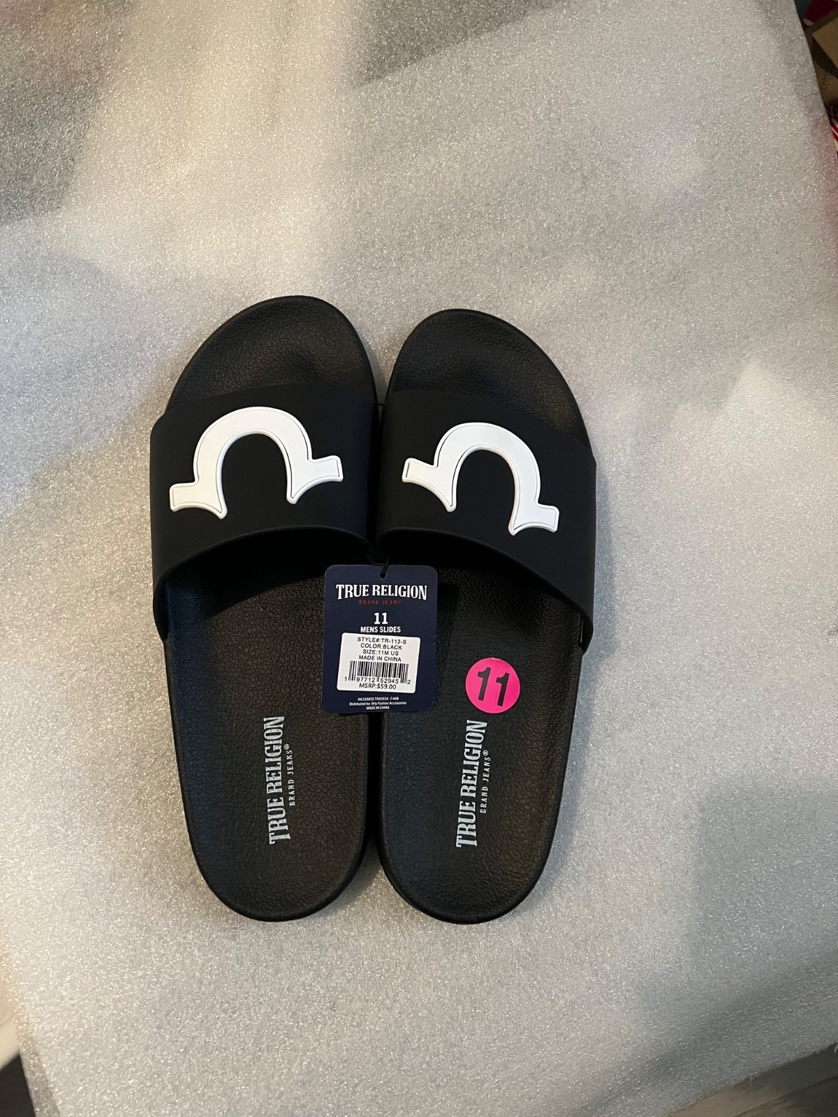 True Religion Men’sTR-112-S Black & White Logo Slide Sandals Lightweight Size 11