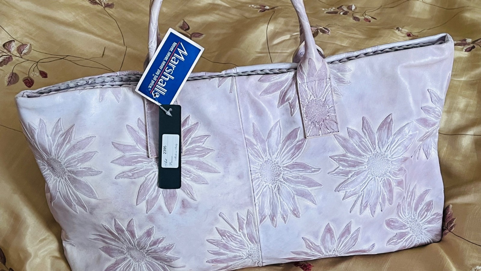 New Falor Italy Leather Tote Bag,Lavender Purple Floral Embossed Sunflower, NWT.